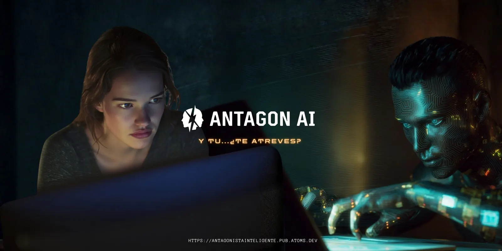 Banner de Antagon AI: una mujer y un rostro sintético frente a frente ante una pantalla.