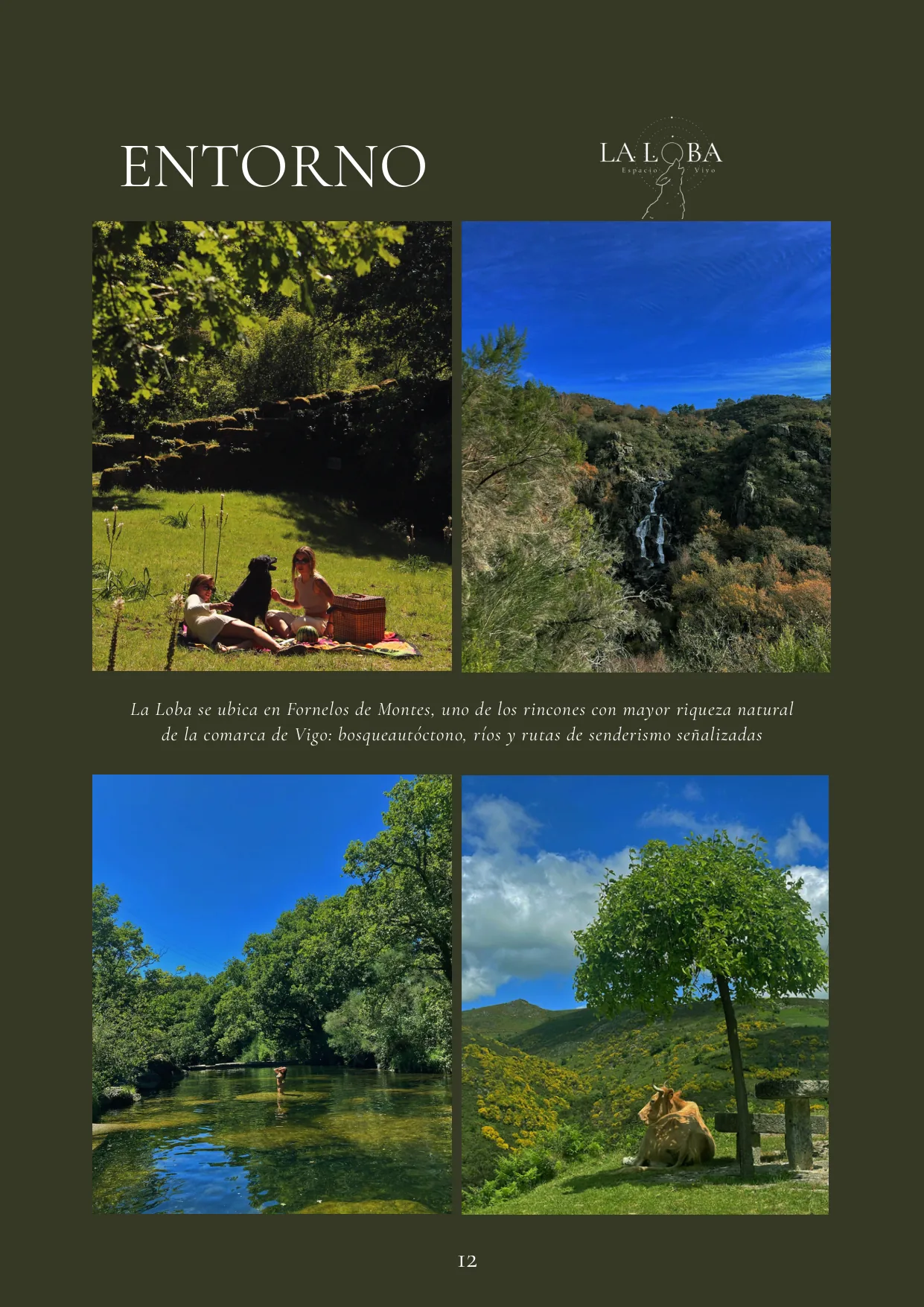 Página del entorno: río, bosque y prados alrededor de la casa.