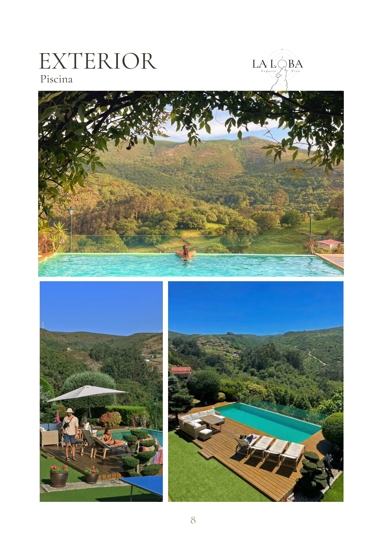 Página del exterior: la piscina y el valle al fondo.