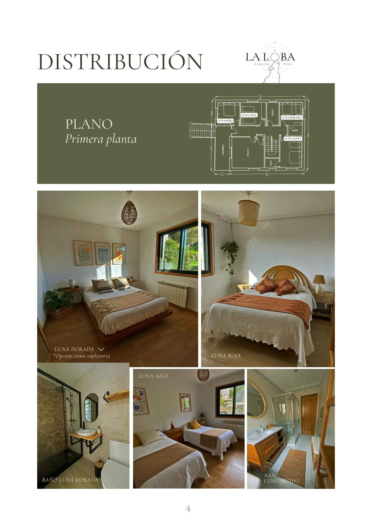 Página de distribución con el plano de la primera planta y fotos de los cuartos.