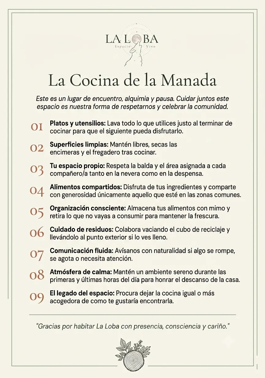 Cartel de normas de la cocina compartida, numerado del 01 al 09.