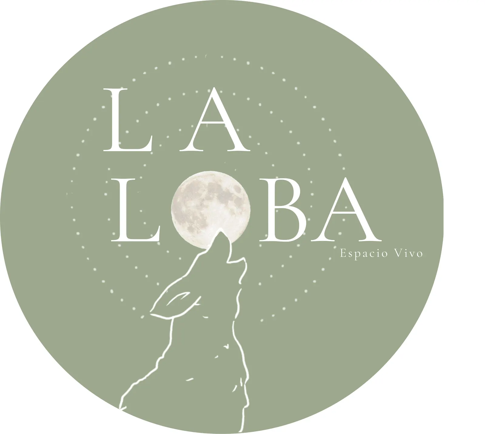 Logotipo de La Loba sobre círculo verde salvia: loba aullando a la luna.
