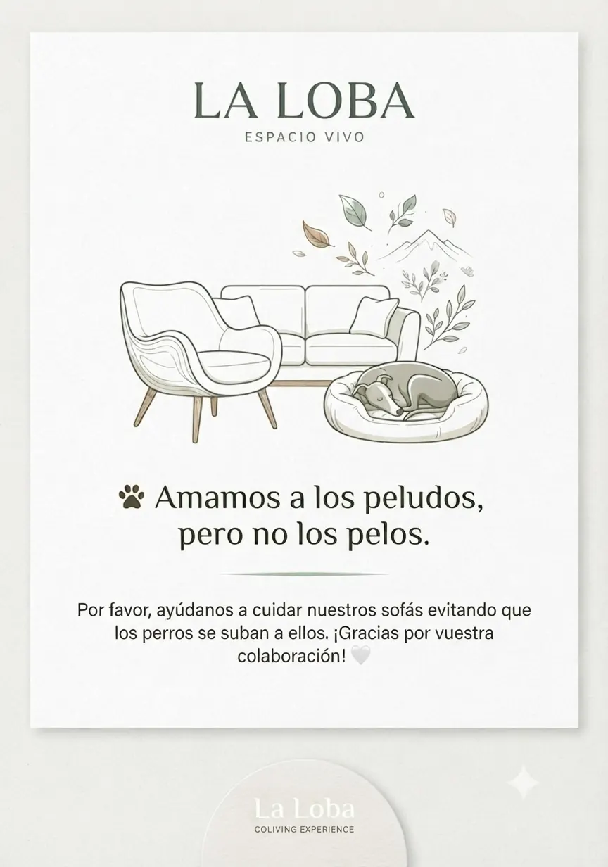Cartel pidiendo que los perros no suban al sofá, con ilustración a línea.