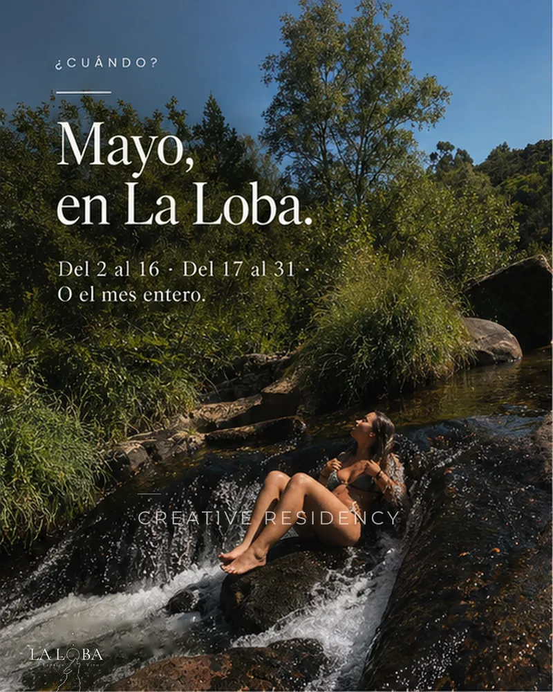 Mayo, en La Loba, con las fechas de la residencia sobre una chica en una cascada.