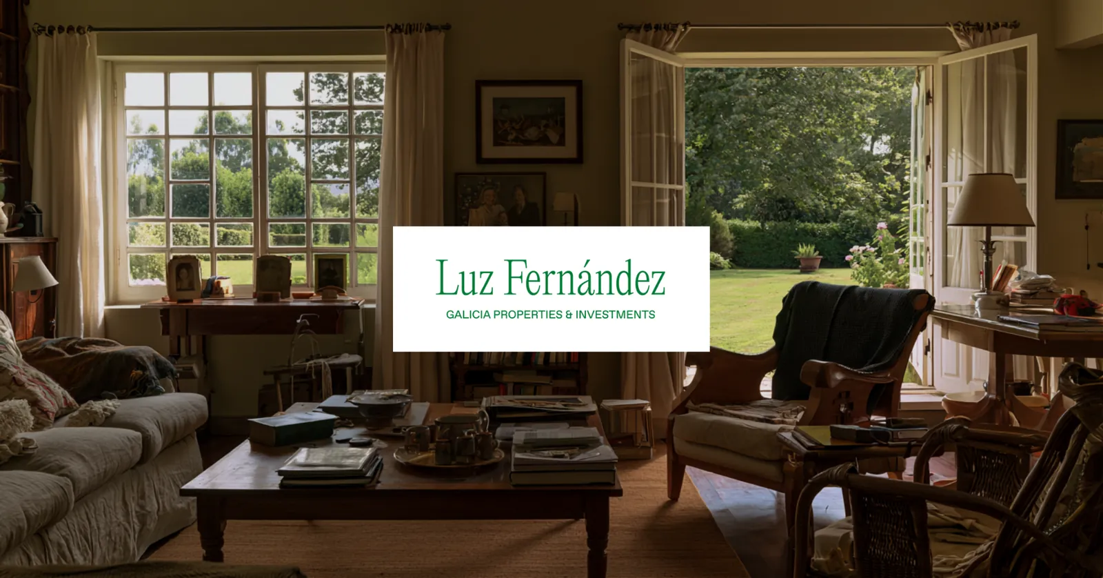 Salón de un pazo con ventanales al jardín y la marca sobre placa blanca.