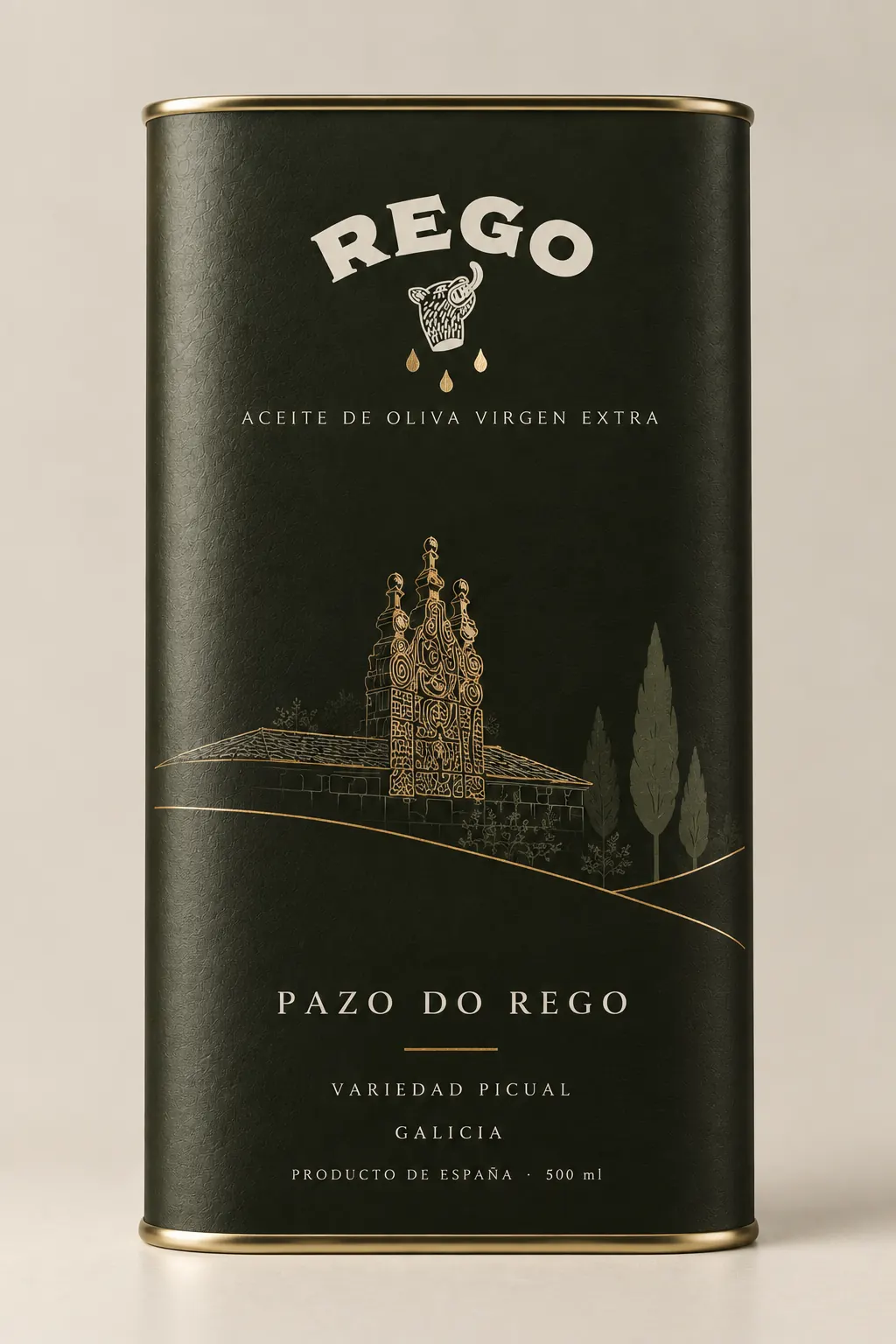 Ruta uno: lata verde oliva oscuro con el pazo grabado en dorado.