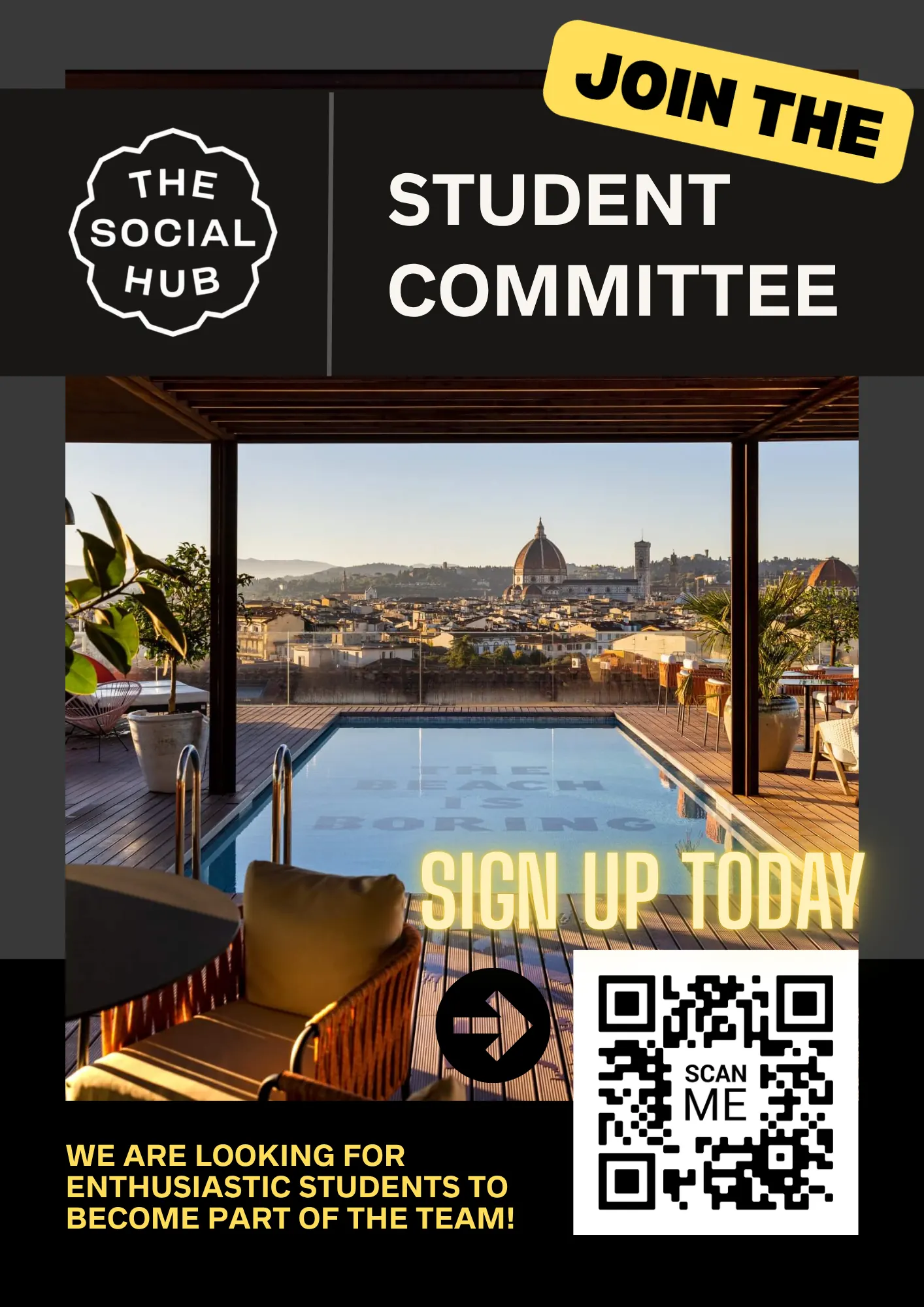 Cartel de The Social Hub llamando a formar parte del comité de estudiantes.
